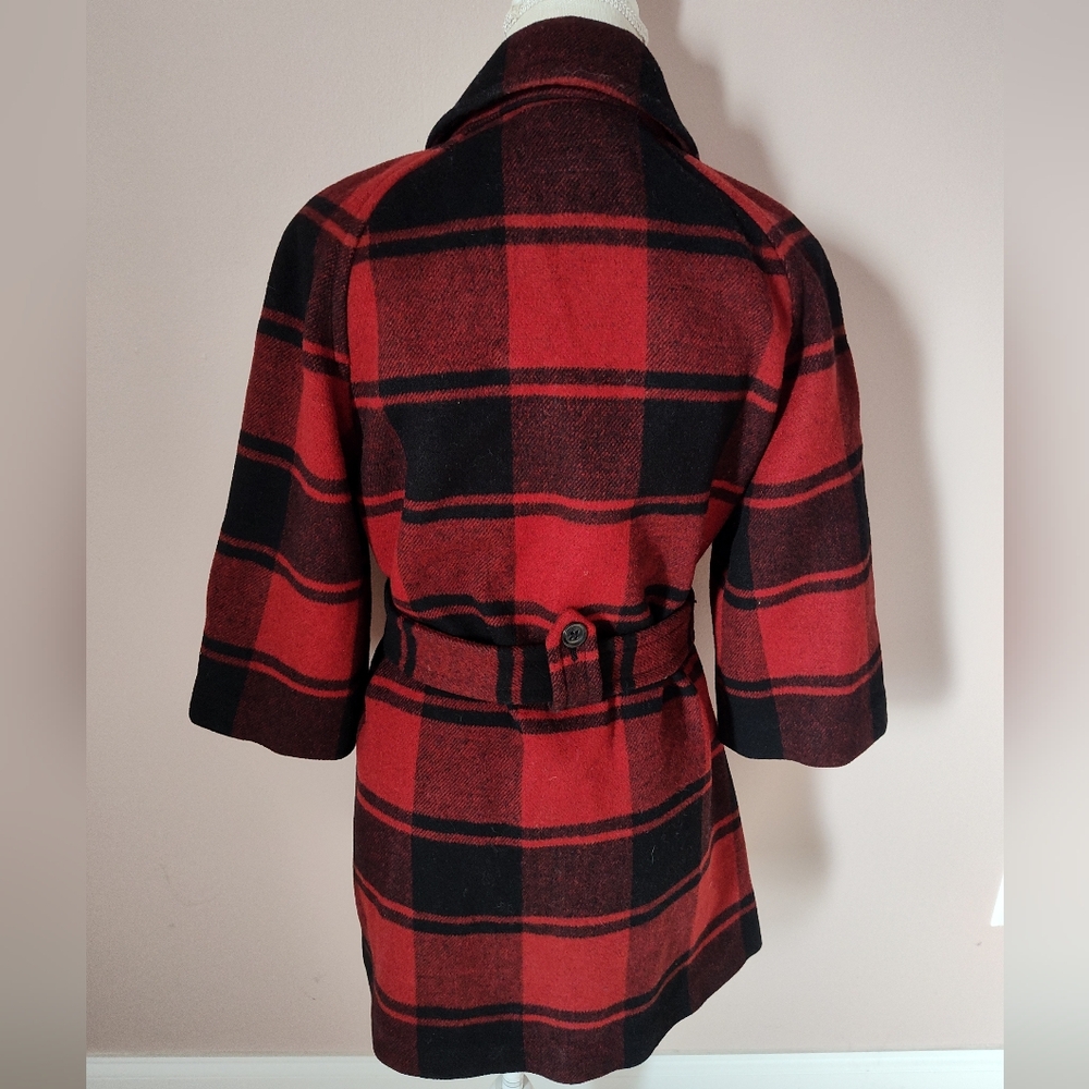 🥰 Vintage Y2K (2008) GAP Buffalo Plaid 3/4 Sleeve Mid Length Wool Pea Coat, SM - Picture 8 of 15